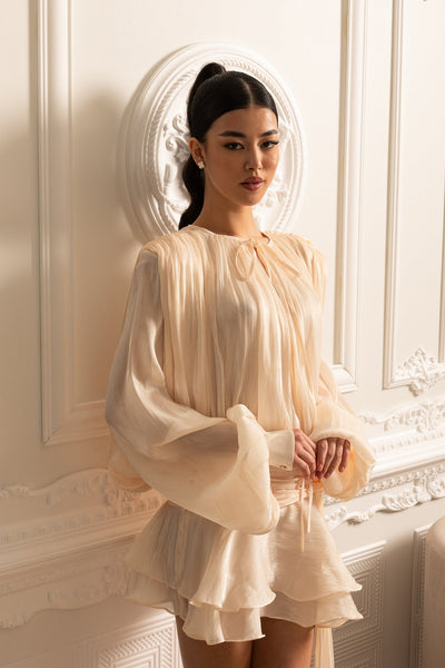 Draped Long-Sleeved Dress with Mini Skirt and Ruched Waistband – Ivory