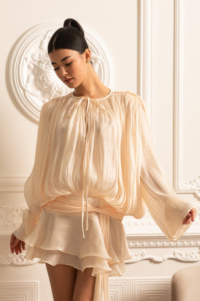 Draped Long-Sleeved Dress with Mini Skirt and Ruched Waistband – Ivory