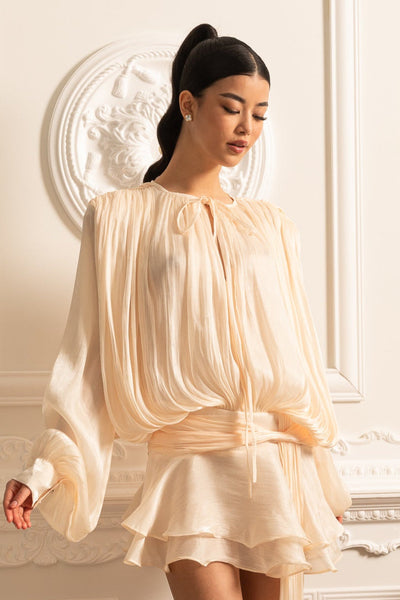 Draped Long-Sleeved Dress with Mini Skirt and Ruched Waistband – Ivory