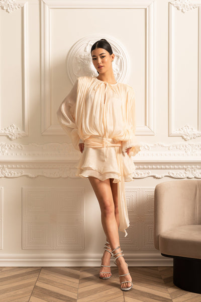 Draped Long-Sleeved Dress with Mini Skirt and Ruched Waistband – Ivory