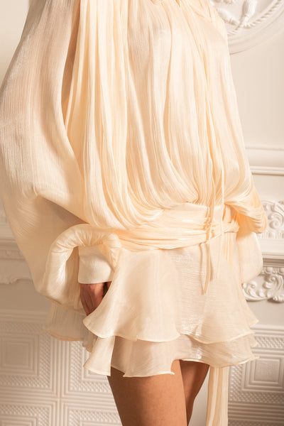 Draped Long-Sleeved Dress with Mini Skirt and Ruched Waistband – Ivory