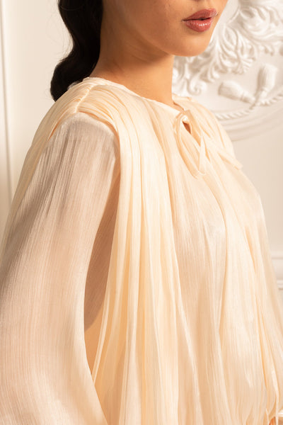 Draped Long-Sleeved Dress with Mini Skirt and Ruched Waistband – Ivory